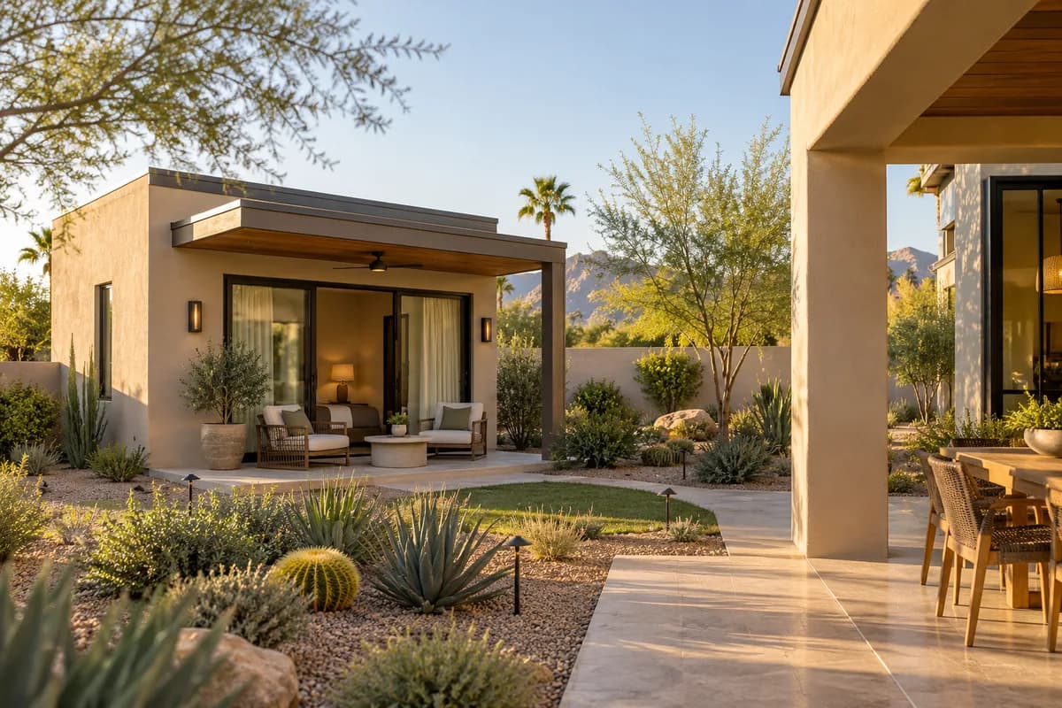 A detached casita with a private shaded patio