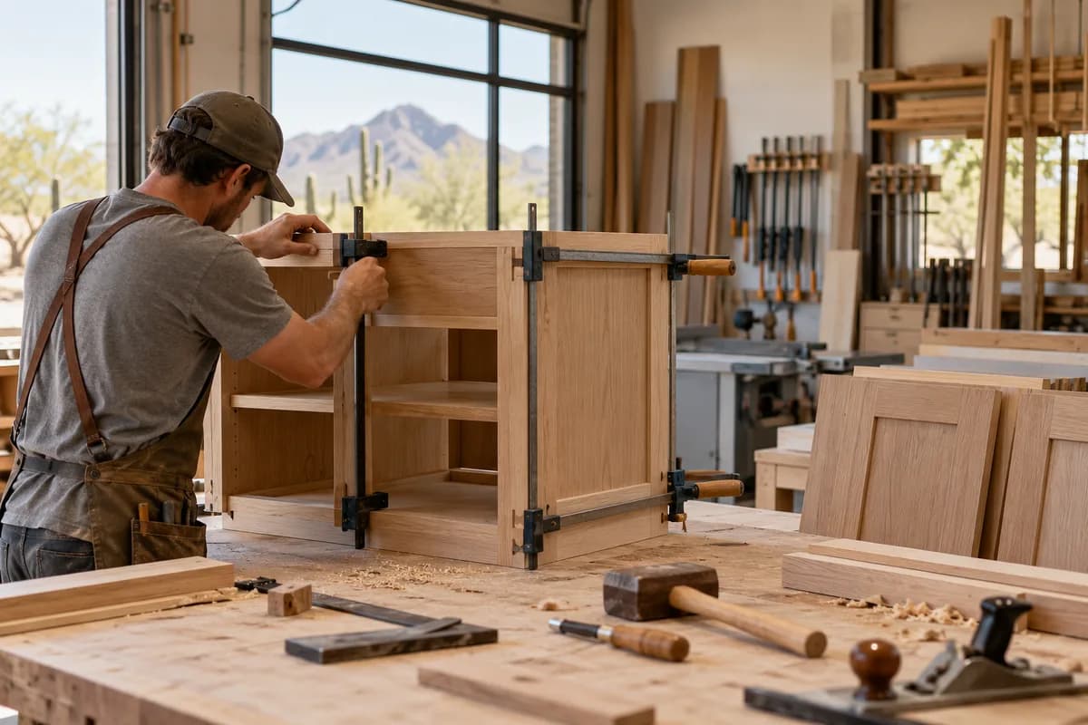 A craftsperson assembling an oak cabinet in a workshop