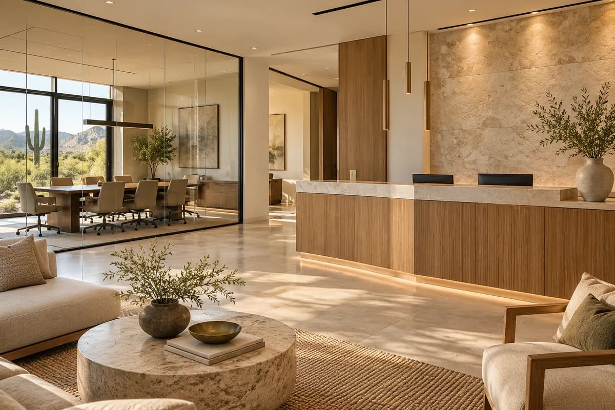 An office reception with oak cabinetry and a meeting room