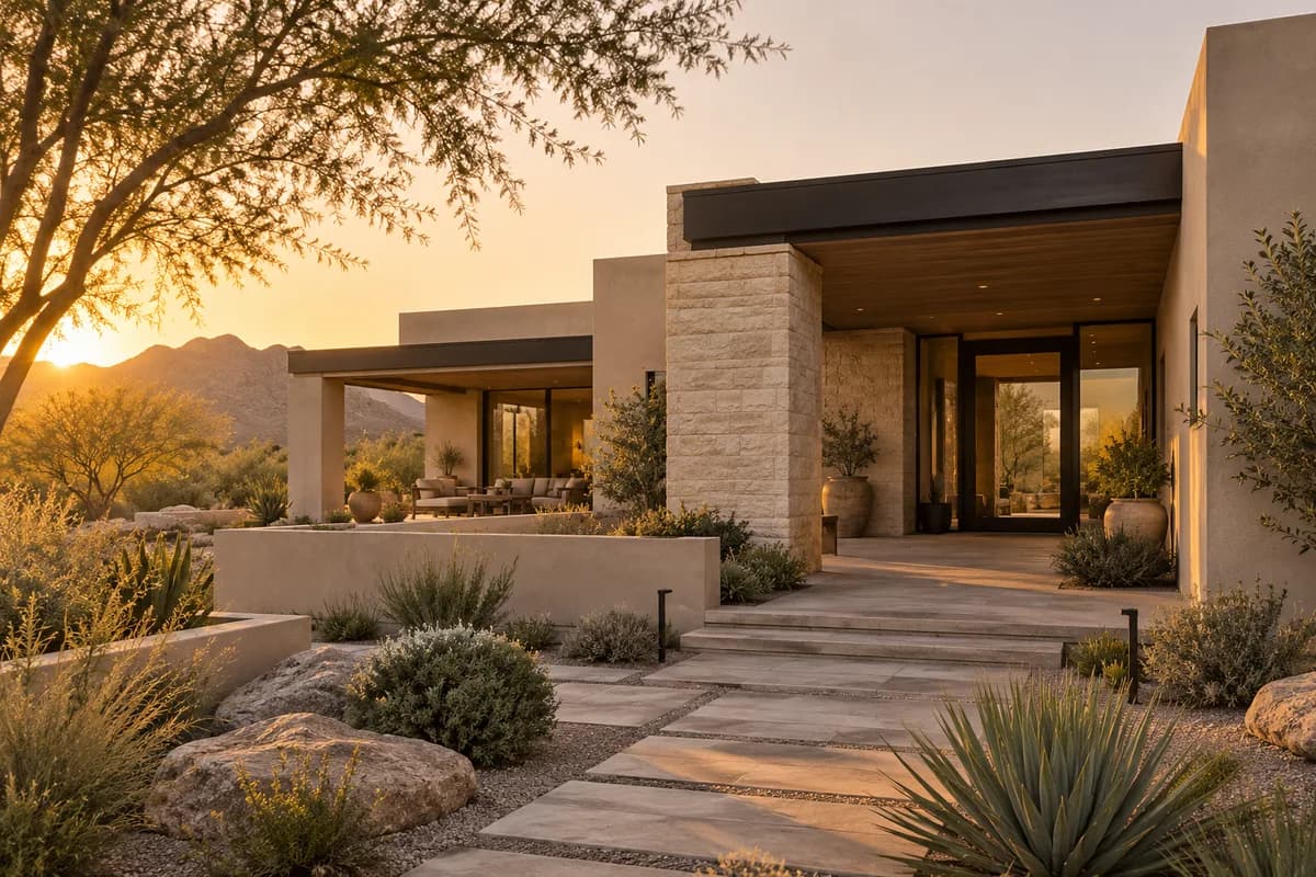 A contemporary Arizona home with a shaded entry and terrace