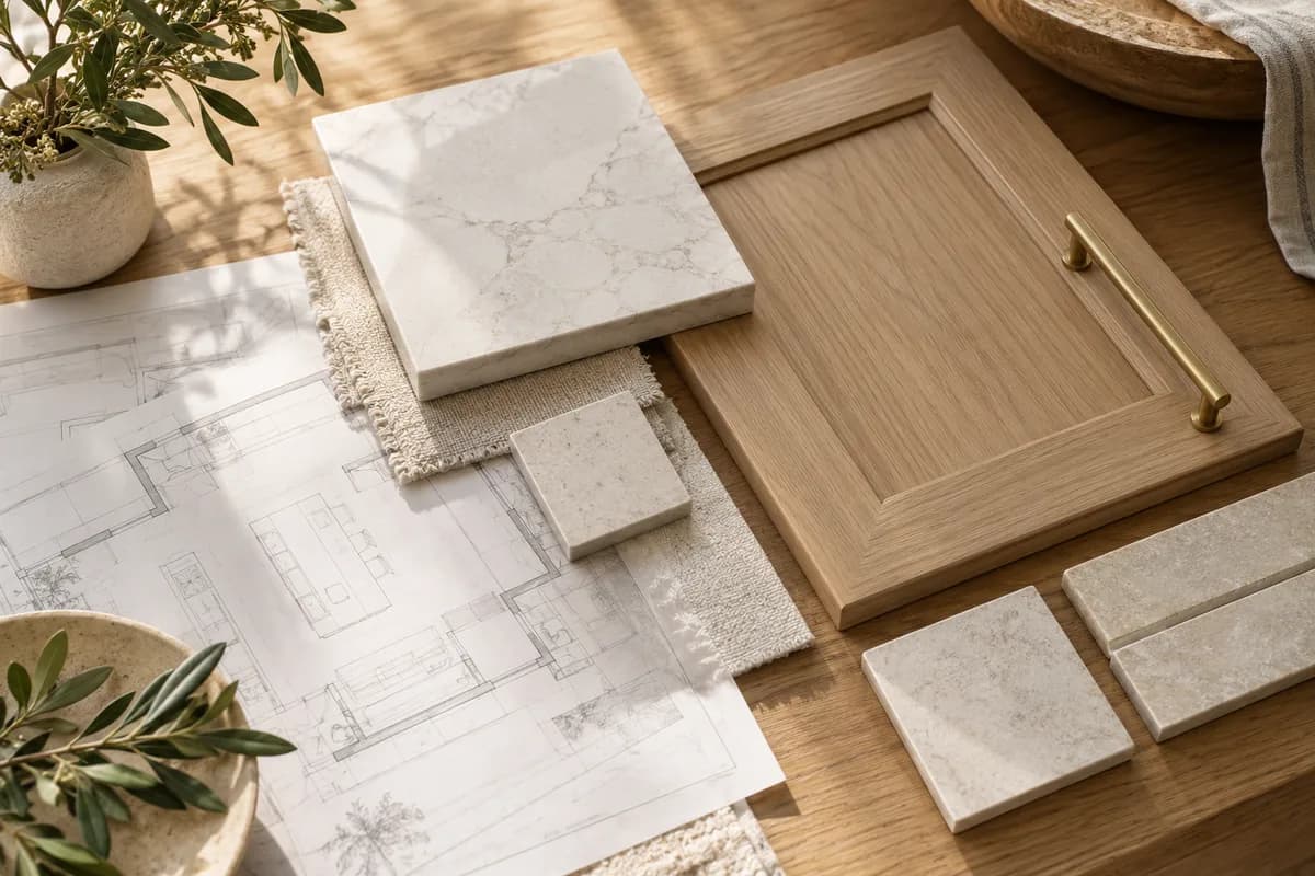 Cabinet, countertop, tile, and fixture samples beside floor plans